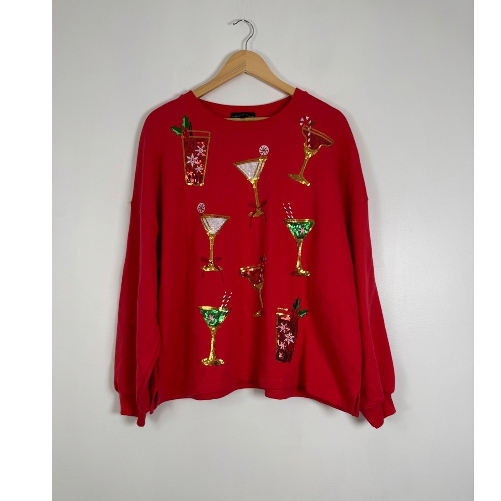Festive State of Mine Women XL Sweatshirt Red Sequin Christmas Cocktail Holiday